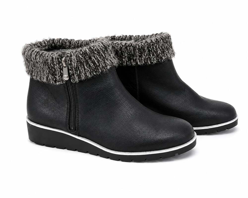 Adrienne Vittadini Sport Trapeza Black Faux Leather Wedge Ankle Boots  Knit Cuff